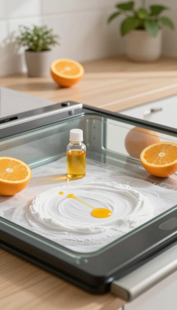 Oven cleaning hack with citrus essential oil and baking soda paste on oven glass