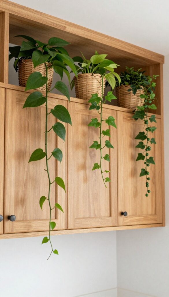 Trailing plants on top of upper kitchen cabinets, pothos and ivy cascading over the edges, modern farmhouse style