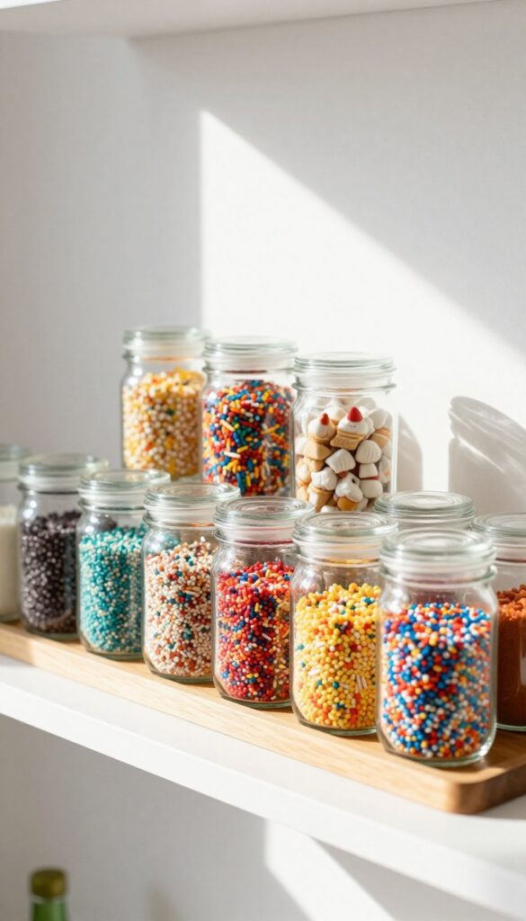Small glass jars filled with colorful sprinkles and decorations arranged on a wooden tray on a pantry shelf.