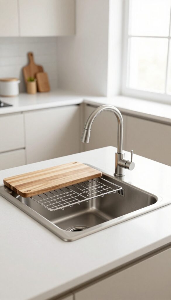 Compact multifunctional sink with built-in cutting board and drying rack in a tiny kitchen