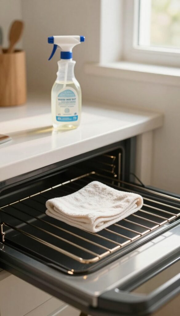 Clean oven interior with microfiber cloth and spray bottle, bright natural light