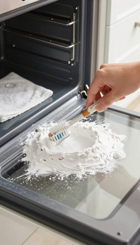 Hand scrubbing oven door seal with toothbrush and baking soda paste