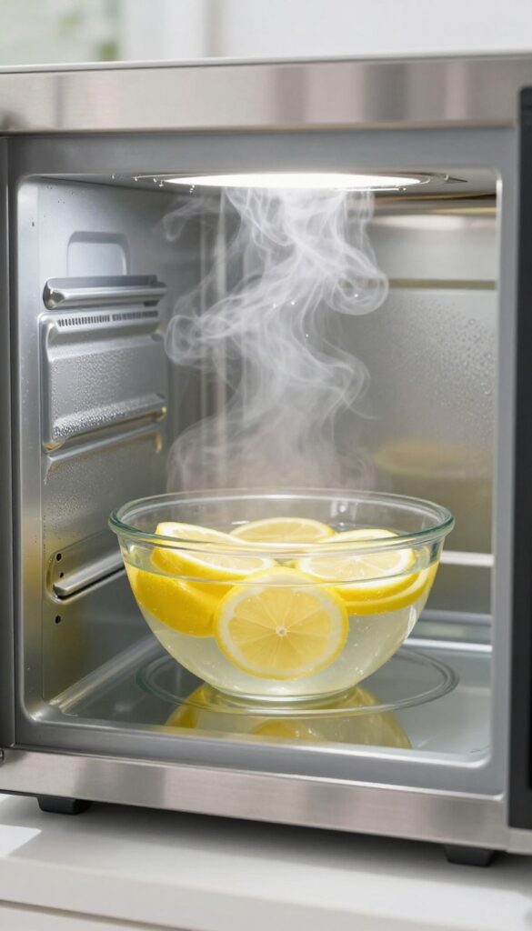 Steam rising from a bowl of water and lemon slices inside a clean microwave