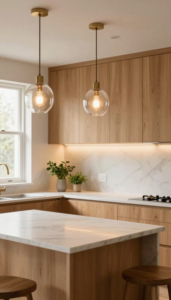 Luxury kitchen with layered lighting including pendant lights over island, under-cabinet strips, and dimmer controls, warm and lived-in atmosphere