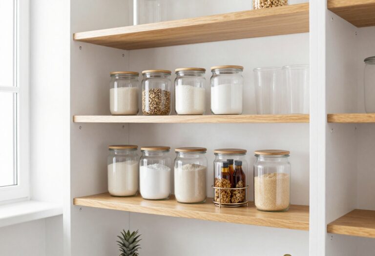 Organized baking pantry with clear canisters, labeled bins, and a tiered spice rack on wooden shelves.