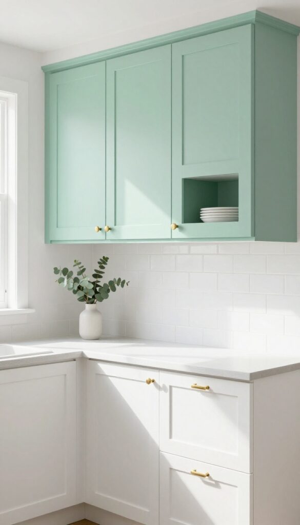 Small kitchen with mint green upper cabinets, white lower cabinets, brass hardware, and open shelving.