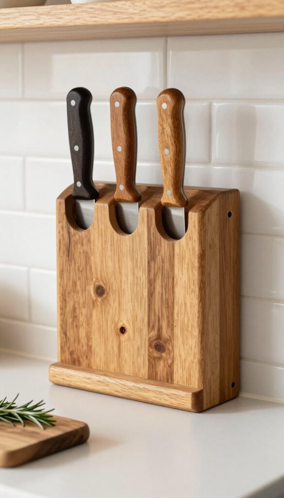 Close-up of a magnetic wooden knife rack on a kitchen backsplash, holding three knives, with natural light and rustic farmhouse details.