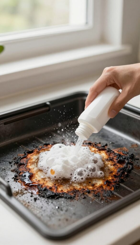 Baking soda and vinegar paste applied to greasy oven interior with fizzing reaction