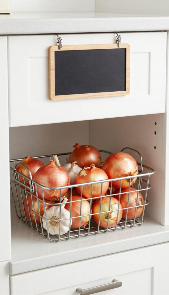 Under-shelf wire basket holding onions and garlic in an Indian kitchen