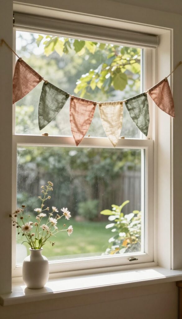 DIY fabric bunting in soft tones hanging across a kitchen window, with gentle movement and natural light.