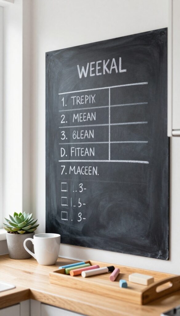 A chalkboard wall in a kitchen with handwritten menu and notes, styled with a tray of chalk and an eraser on the counter.
