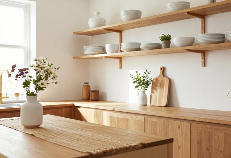 Cozy budget-friendly kitchen with open shelving, plants, and warm wood accents
