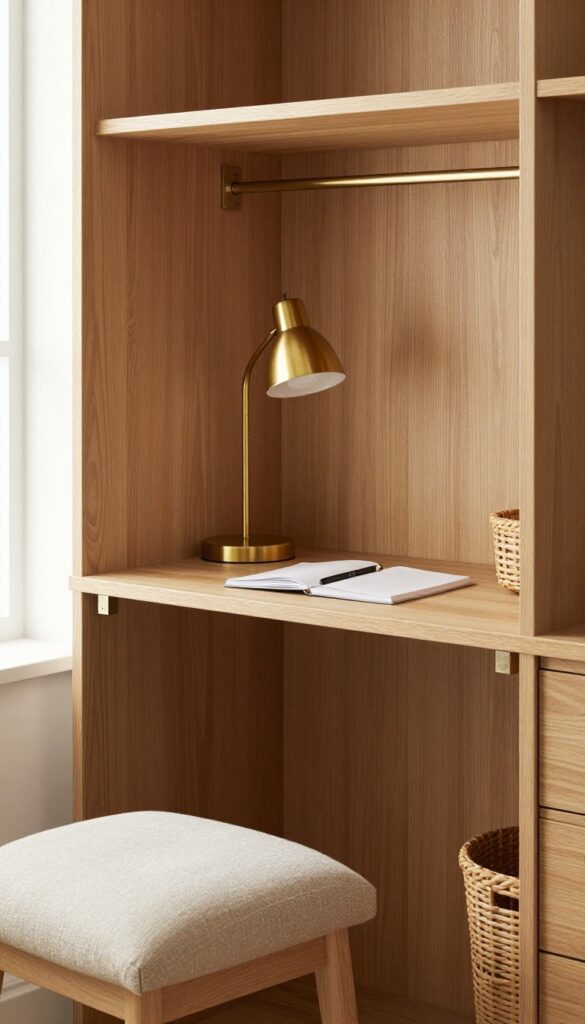 A small desk area for meal planning in a butler's pantry with a fold-down table, lamp, stool, and basket.
