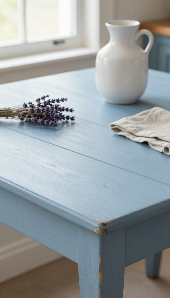 Close-up of a dusty blue milk-painted kitchen table with chipped patina, wood grain visible, styled with dried lavender and linen napkin in natural light.