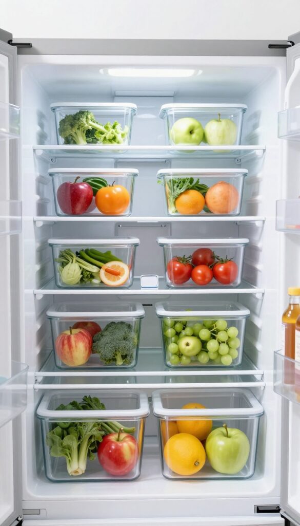 A clean, organized refrigerator interior with fresh produce and neatly arranged items, bright natural light.