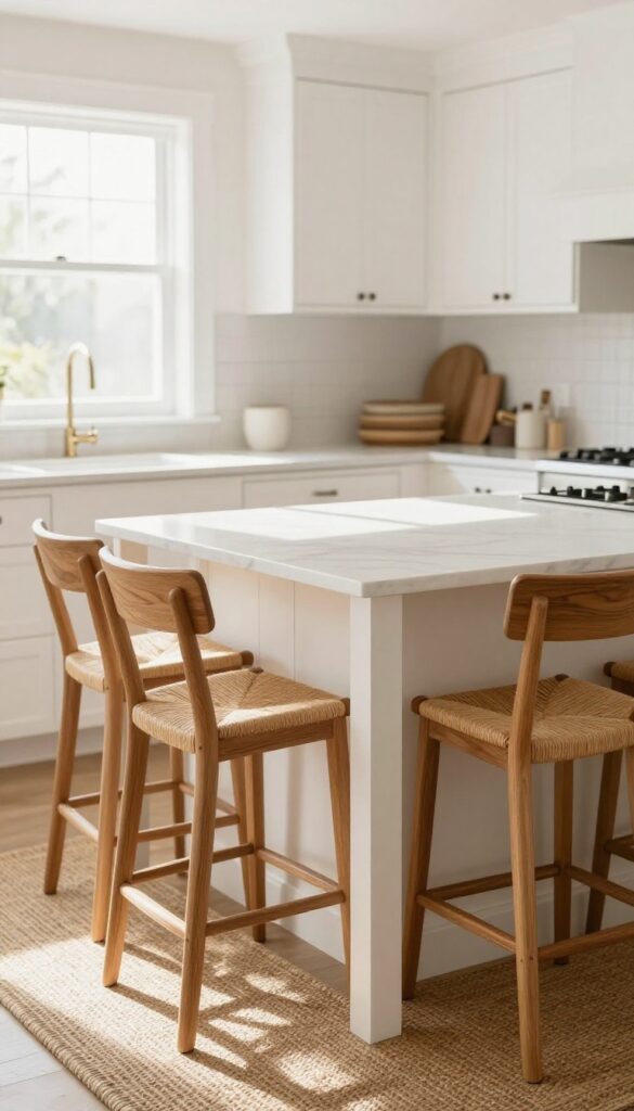 White kitchen island with wood-framed bar stools and woven seats in bright natural light