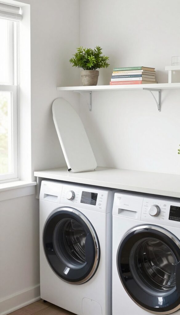 Wall-mounted ironing board folded up as a shelf in a kitchen-laundry corner