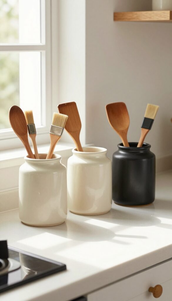 Countertop canister set with cooking utensils in ceramic containers beside stove