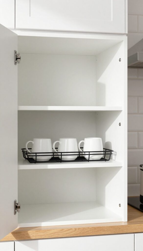 Under-shelf wire basket holding coffee mugs inside a white kitchen cabinet, with natural light and clean styling.