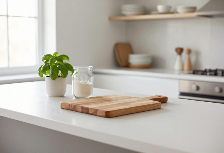 Clean kitchen counter with wooden cutting board, basil plant, and glass jar