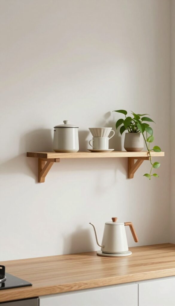 Narrow kitchen wall shelf styled as a coffee station with mugs, canister, pour-over dripper, and a trailing plant