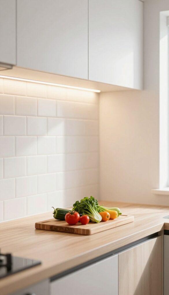 Under-cabinet lighting illuminating a countertop in a narrow hallway kitchen, creating a bright and inviting workspace.