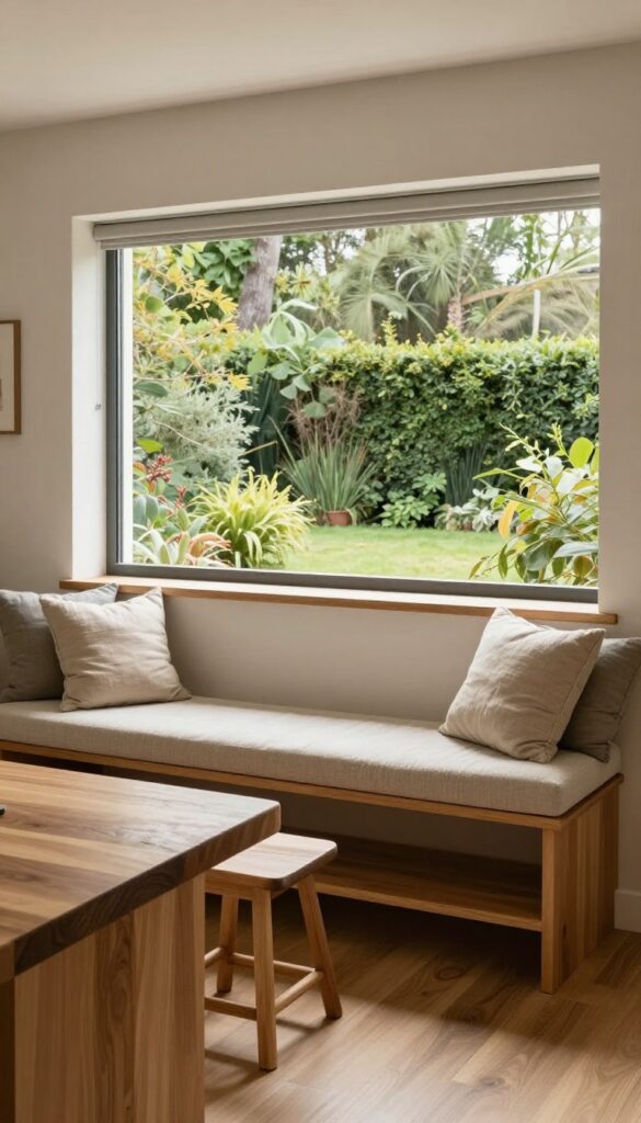 Kitchen window seat bench doubles as kitchen island with counter-height table and stools