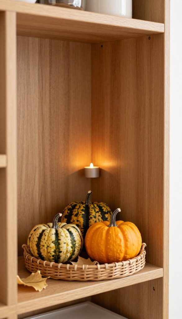 Seasonal fall decor on a kitchen shelf with mini pumpkins and dried leaves on a tray