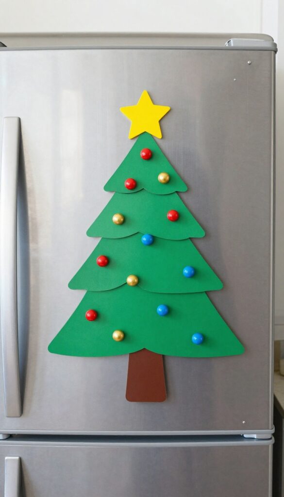 Fridge magnet Christmas tree on a stainless steel refrigerator door with colorful ornament magnets