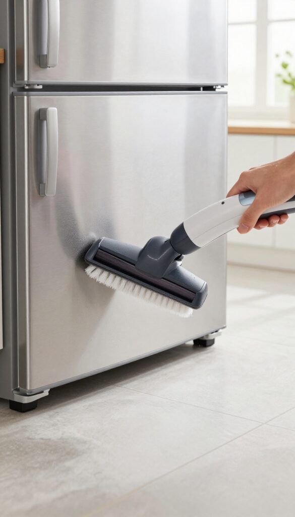 Person vacuuming dusty condenser coils on the back of a refrigerator in a bright kitchen