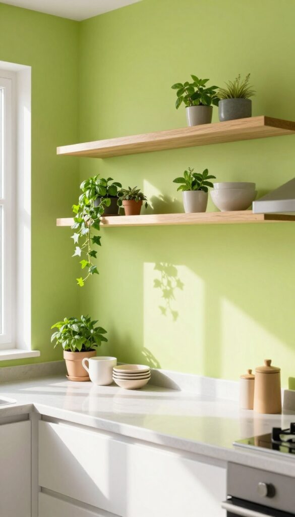 Compact kitchen with lime green accent wall, floating shelves with potted herbs, and natural light