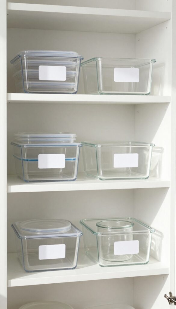 Clear acrylic bins on pantry shelves organizing kitchen containers by type, with labels, in bright natural light.