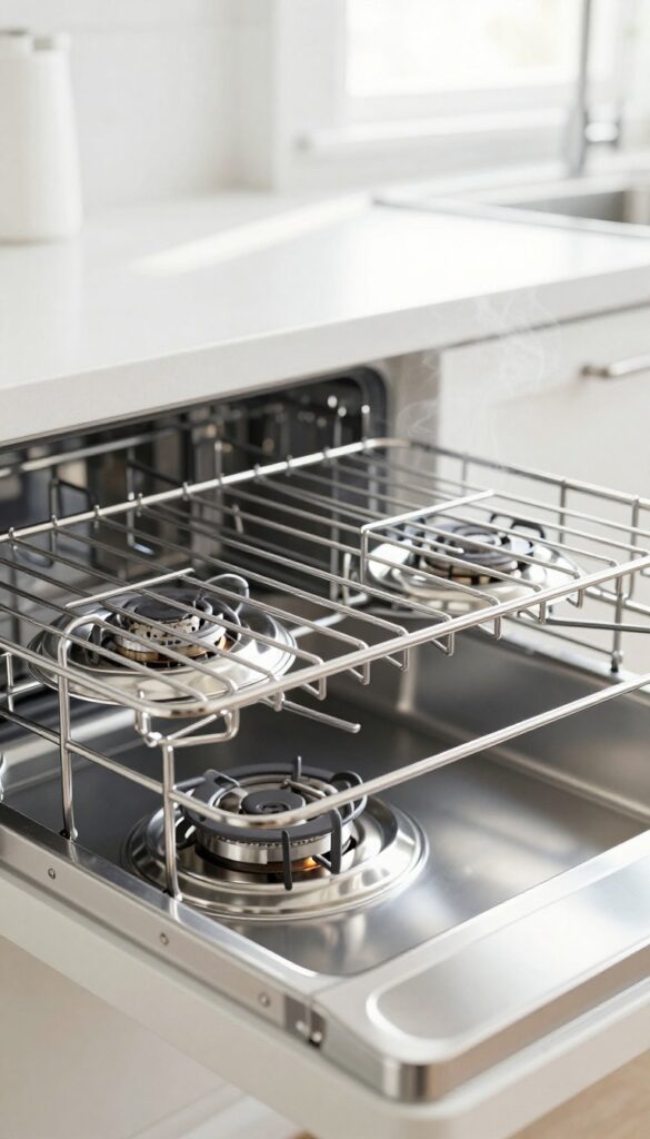 Clean stove burner grates in a dishwasher, sparkling after a wash cycle.