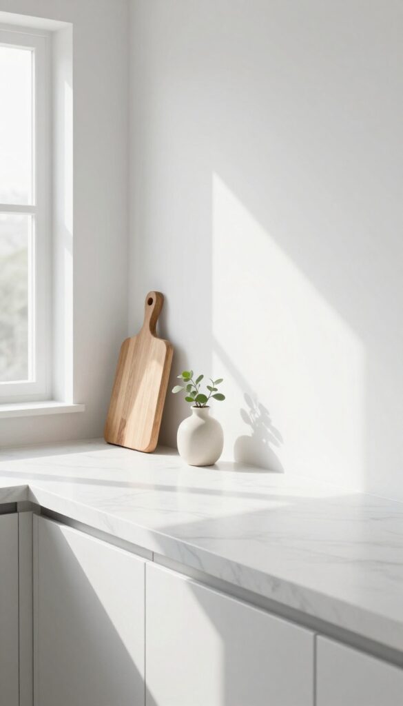 Minimalist kitchen counter with wooden cutting board and small vase, bright natural light