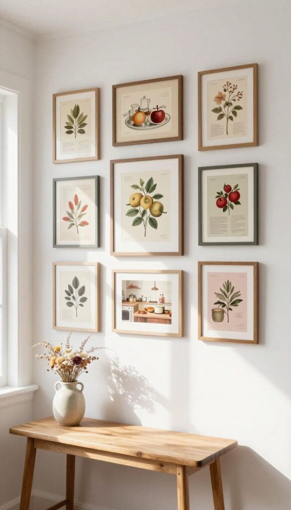 A gallery wall of vintage kitchen prints in mismatched frames above a console table in a bright kitchen nook.