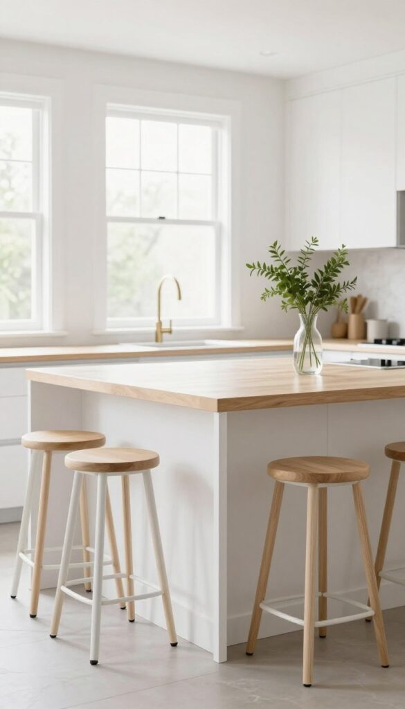 Slim backless stools in light wood and white metal tucked under a bright kitchen island with marble countertop and fresh greenery.
