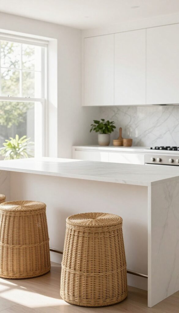 Light and airy kitchen island with woven rattan bar stools and natural sunlight