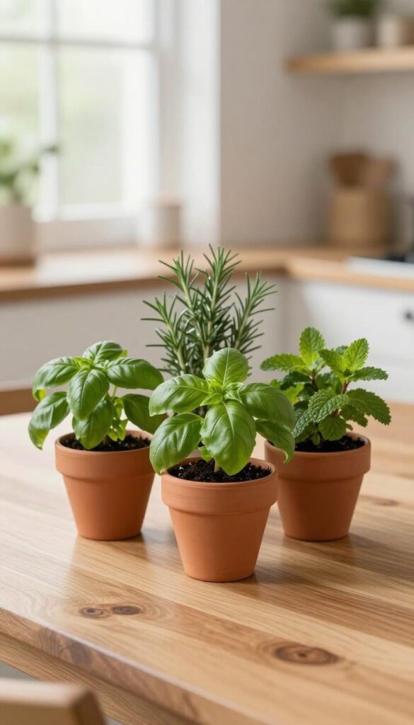 Fresh herb pots as a living centerpiece on a wooden kitchen dining table