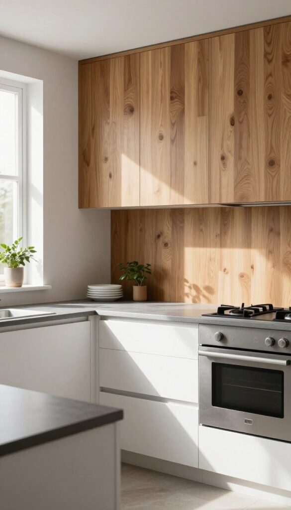 Modern kitchen with butcher block accent wall, white cabinets, and open shelving