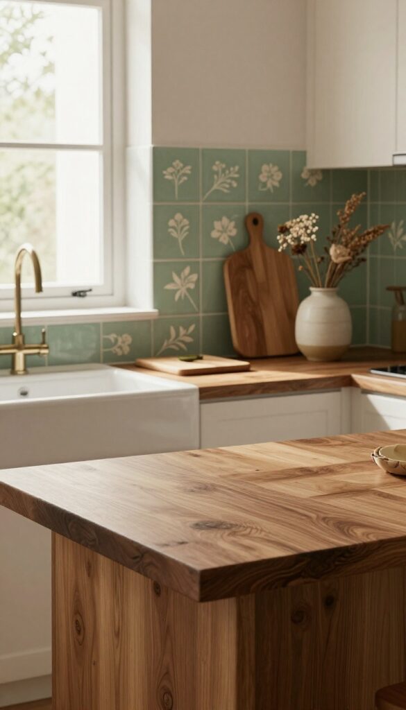 Cozy kitchen with wood slab counter and hand-painted tile backsplash