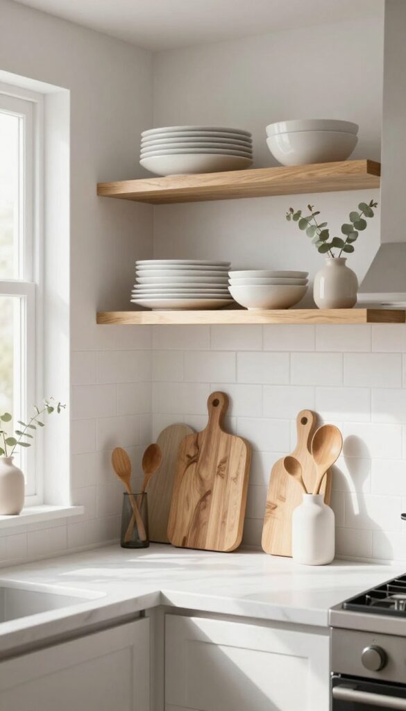 White and wood kitchen with open shelving displaying white dishes and wooden accents, natural light, clean and airy
