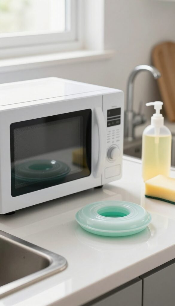 Clean microwave turntable and roller ring on kitchen counter with dish soap and sponge