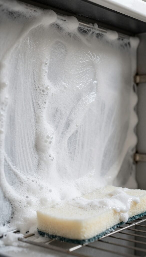Baking soda and club soda paste on oven wall with carbonation bubbles