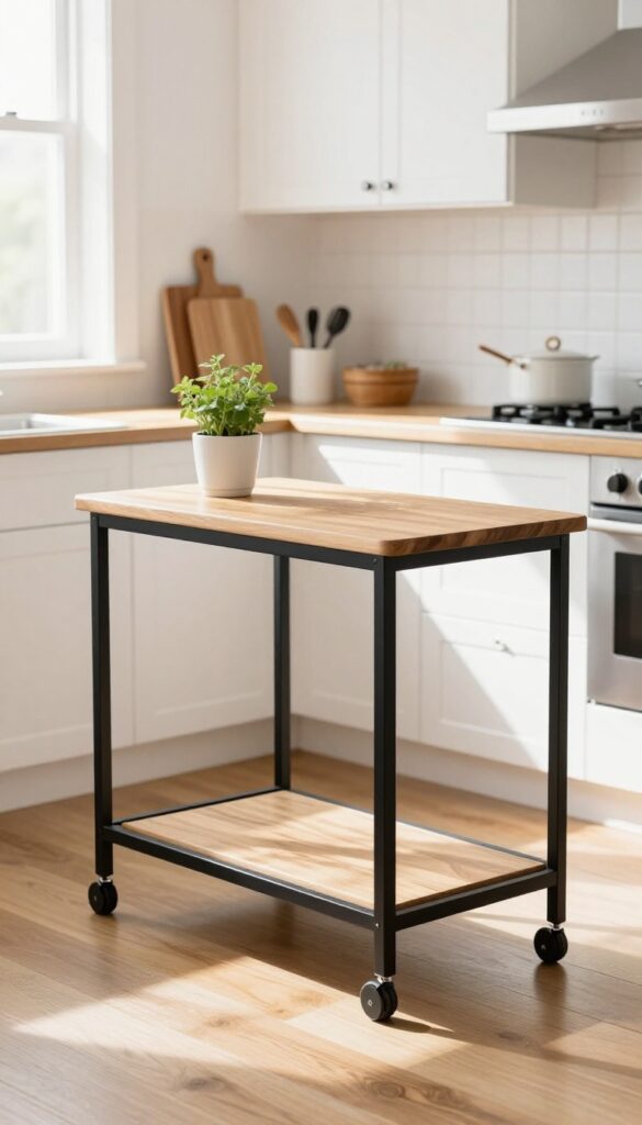 A rolling cart with butcher block top used as a mobile kitchen island in a bright, clean kitchen