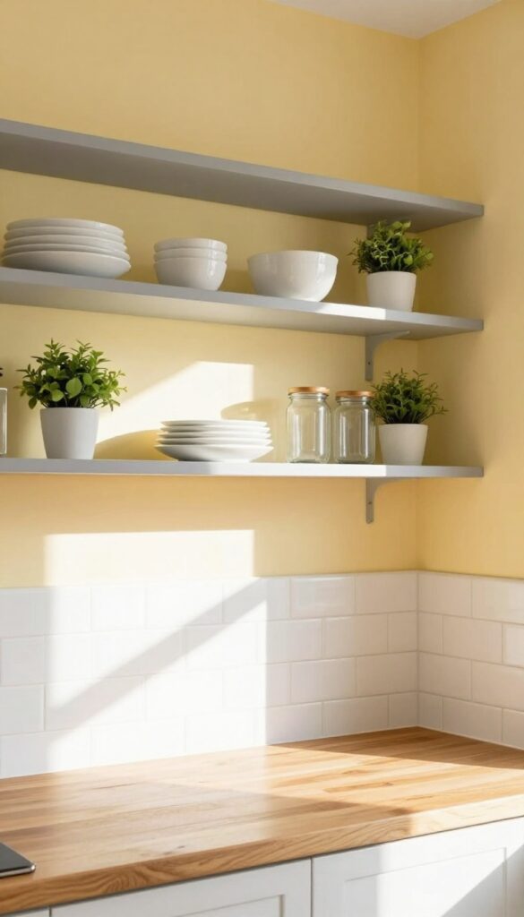 Small kitchen with butter yellow wall and warm grey open shelves styled with white dishes, glass jars, and plants.