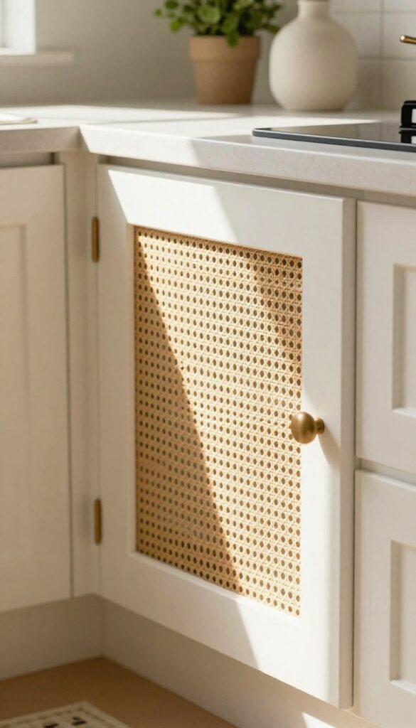 Close-up of a white kitchen cabinet door with a woven rattan insert panel, natural light, boho style.