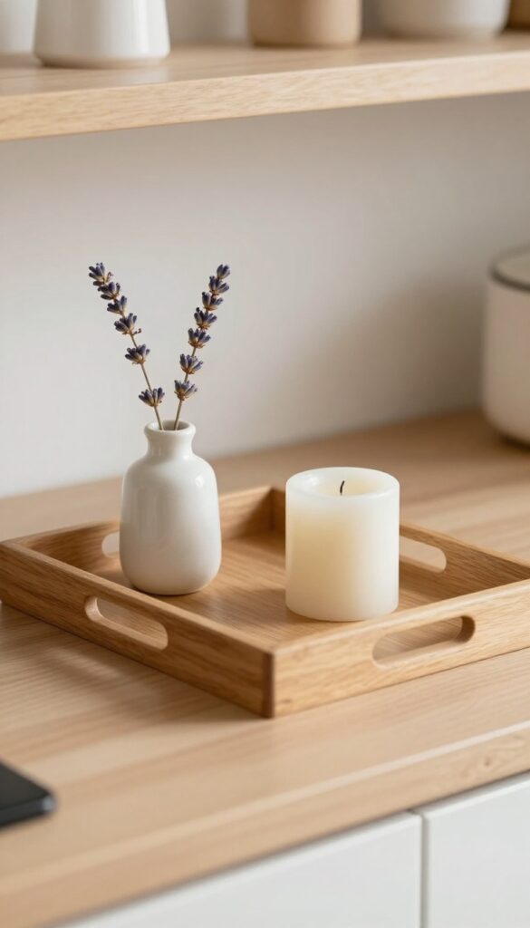 Decorative tray on top of upper kitchen cabinets with salt cellar, vase with dried lavender, and candle