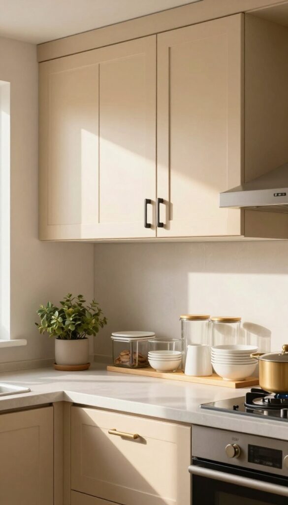 Kitchen with mirrored upper cabinet doors reflecting light, matte black hardware, and tidy glass containers inside.