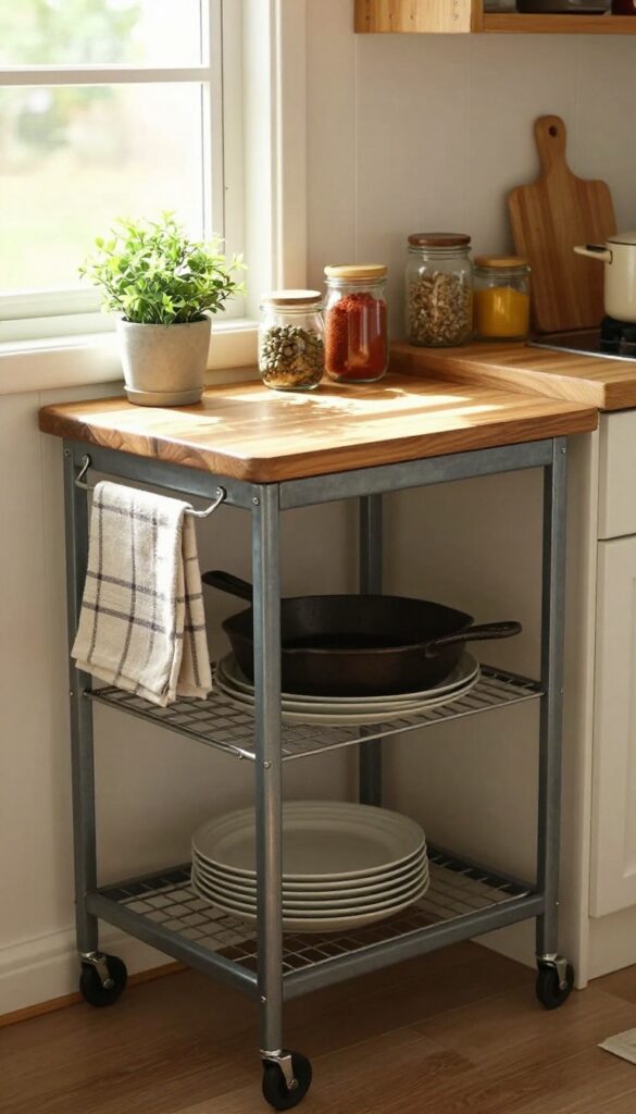 A narrow rolling cart with wood top and metal frame in a camper kitchen, styled with cutting board, plant, and spice jars.
