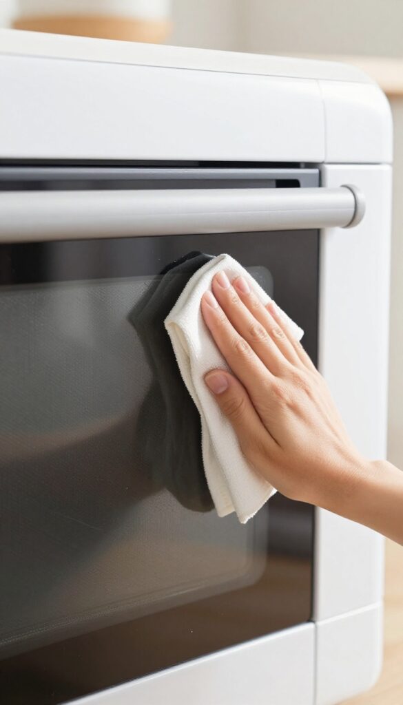 Close-up of a clean microwave door and rubber seals being wiped with a soft cloth in bright natural light.